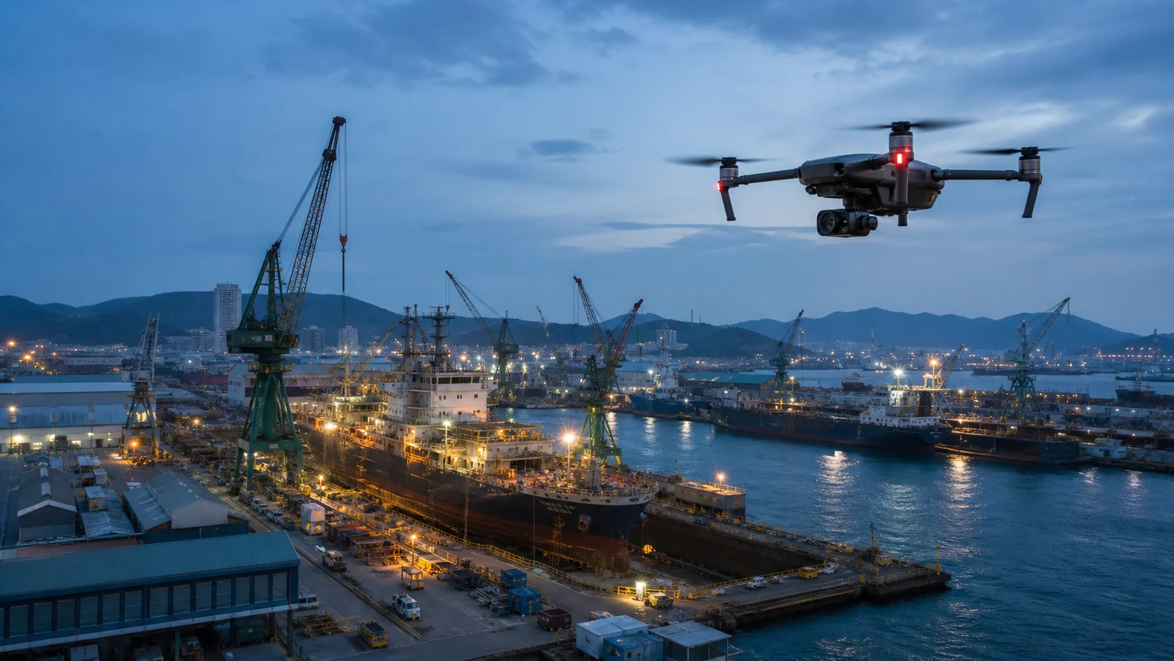 Aerial security drone monitoring an active shipyard